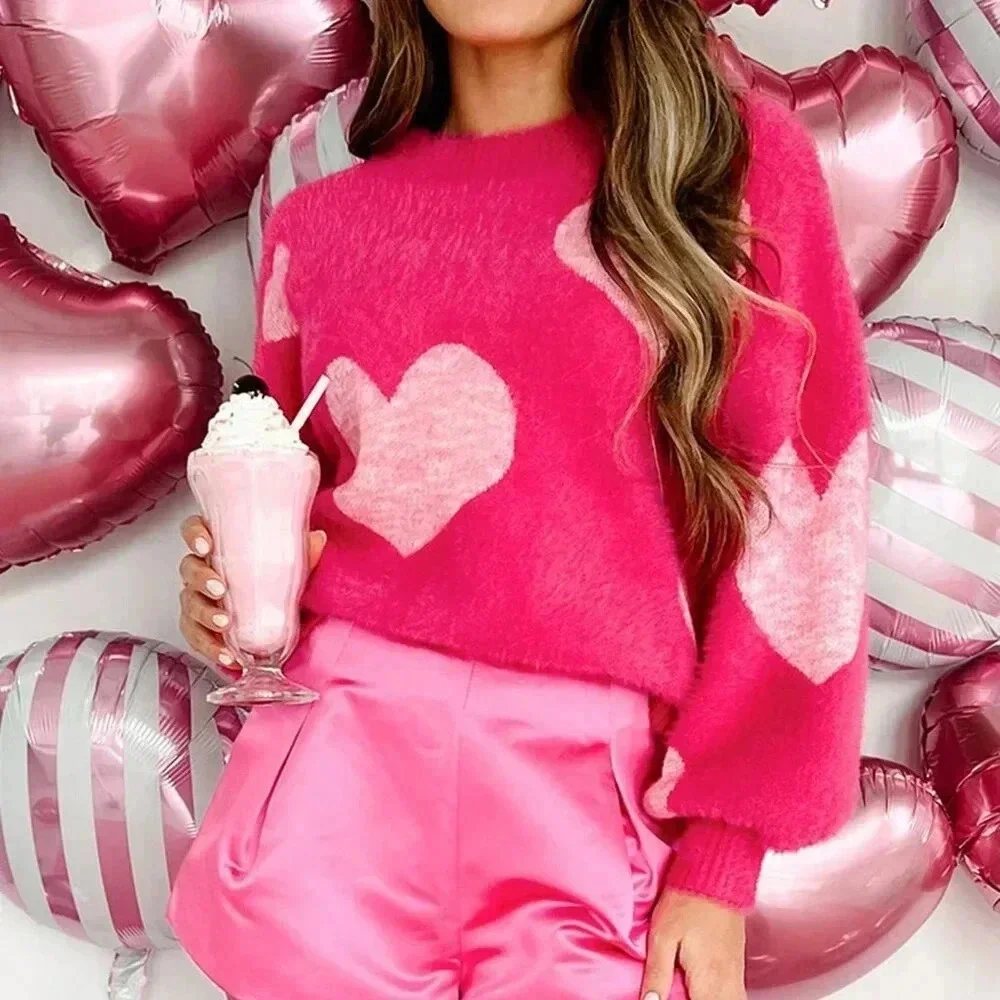 Rose Red Casual Women's Valentine's Day Heart Pattern Fuzzy Long Sleeve Sweater